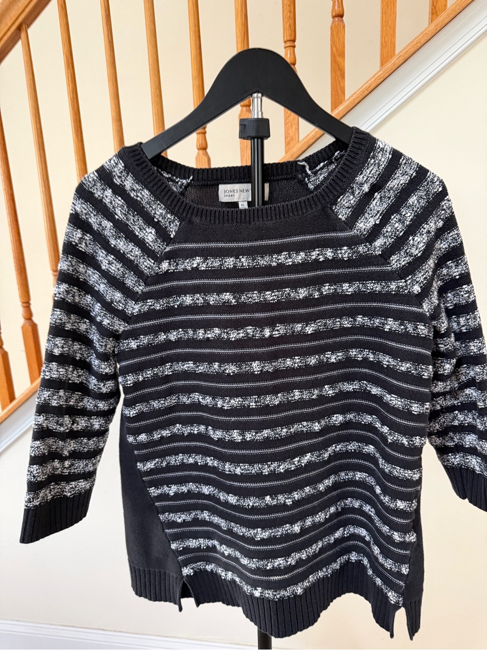 Jones New York Black and White Striped Scoop Neck Sweater
